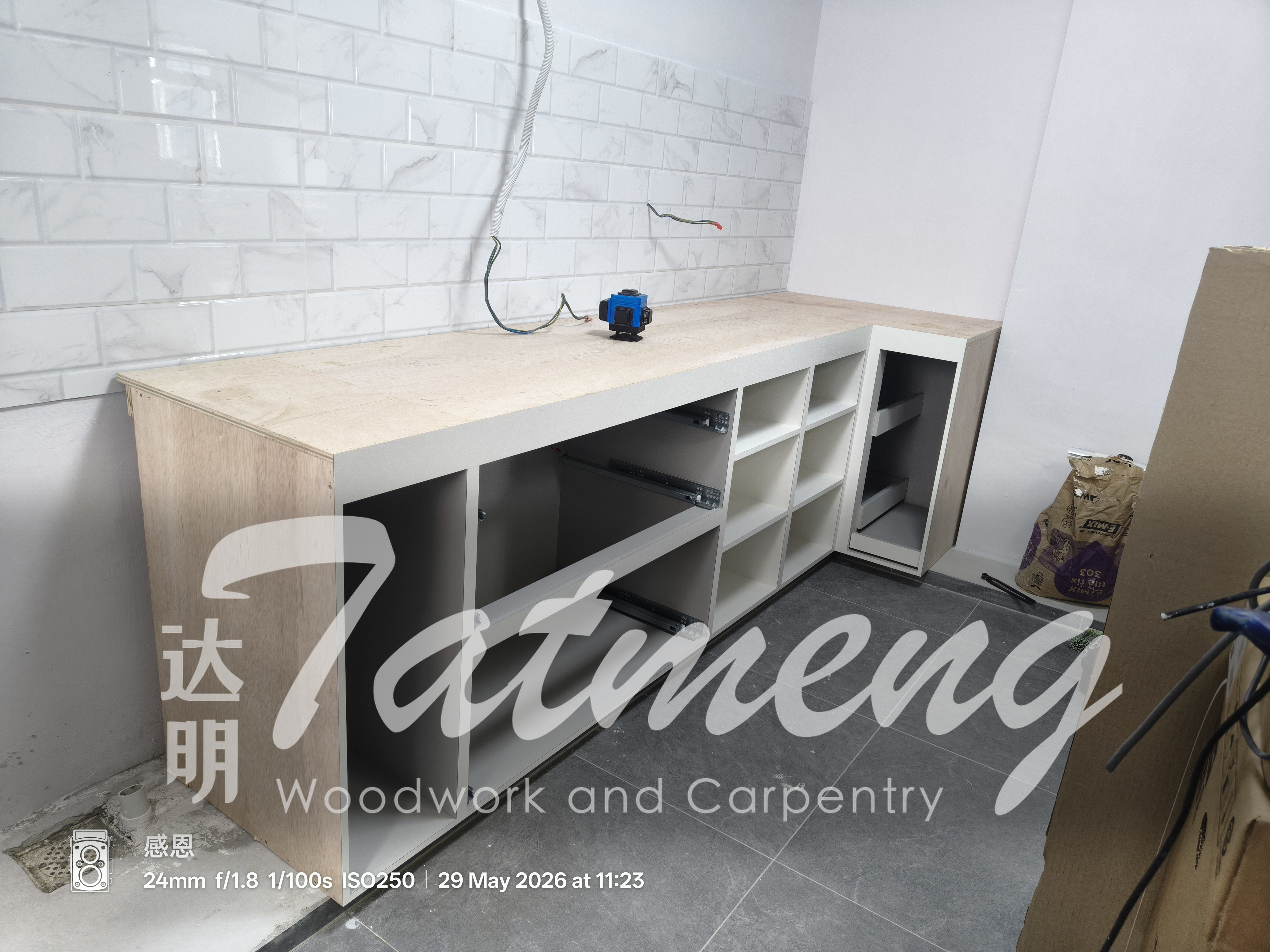 Real custom kitchen built-in cabinetry installation on-site
