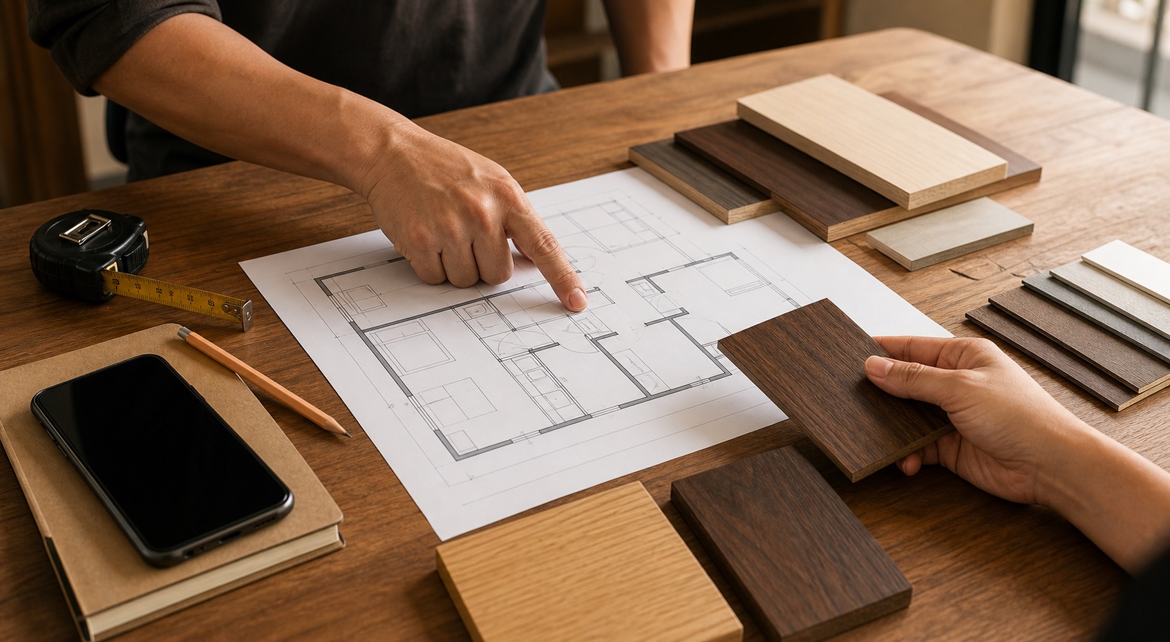 Carpentry consultation with floor plan, measuring tape and finish samples ready for an estimate
