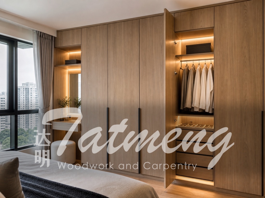 Full-height wardrobe storage system with warm timber finishes